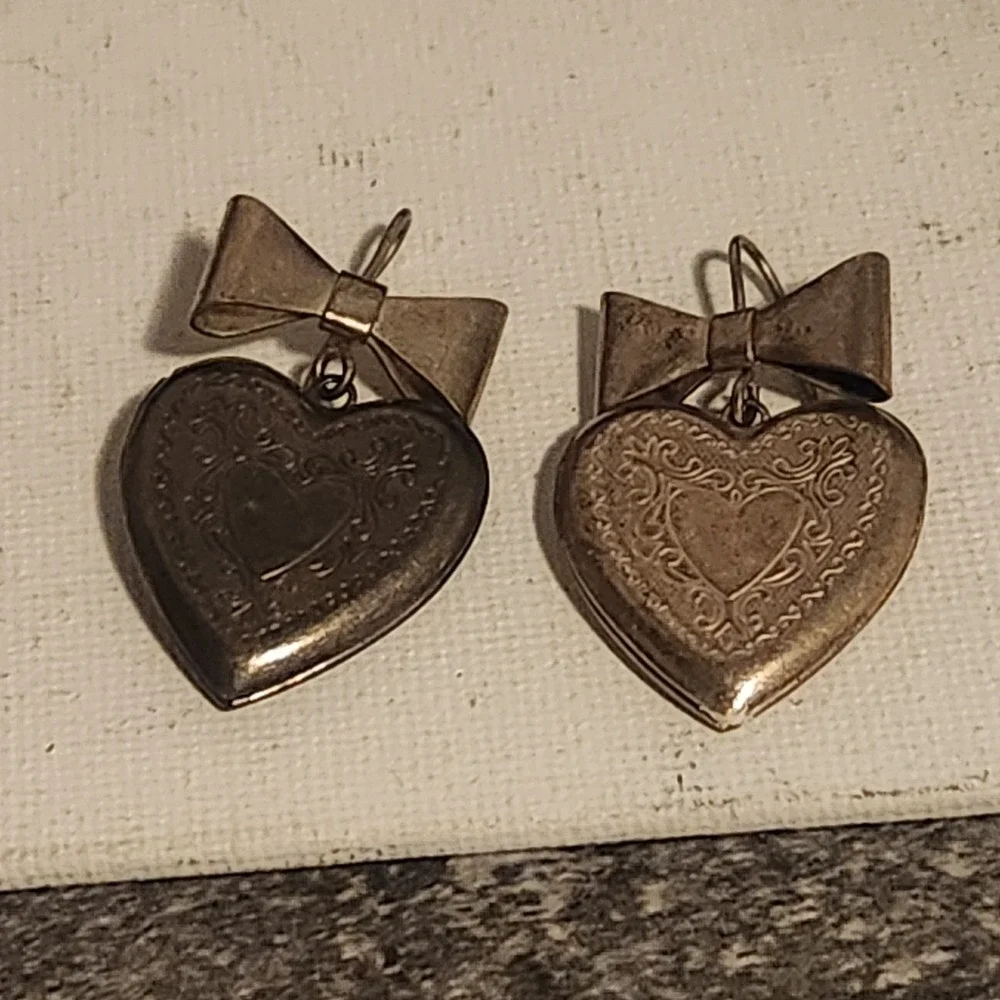 Vintage Heart Locket Earrings Engraved‎ Bow Drop Silver Tone Romantic Jewelry